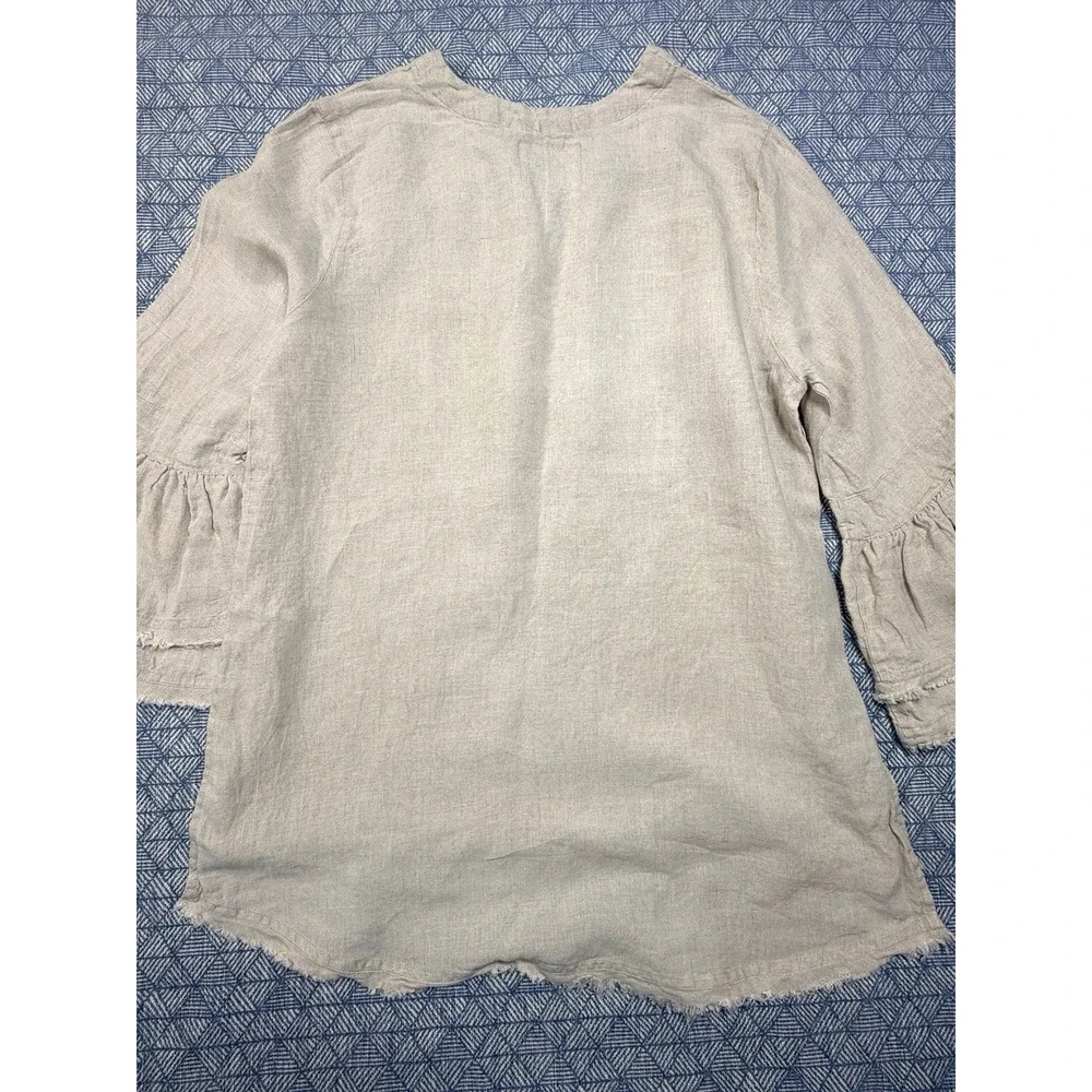 Crown Linen Designs Bella Bell Sleeve Top Large Flax Beige V-Neck Linen Tunic - Picture 8 of 12